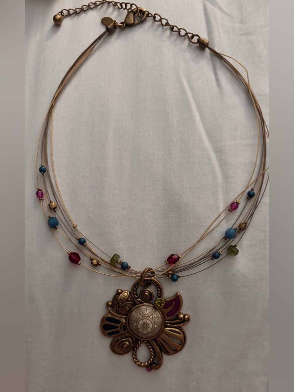 Vintage Chico’s Gold-Tone Floral Pendant Necklace with Blue and Pink Accents